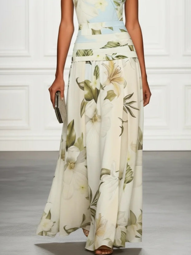 Elegant Blue Floral Maxi Dress for Women with Boat Neck Sleeveless Banded Waist Formal Wedding Guest Style