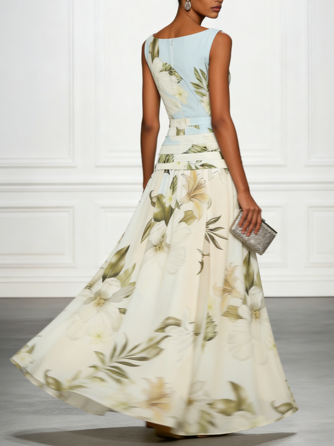 Elegant Blue Floral Maxi Dress for Women with Boat Neck Sleeveless Banded Waist Formal Wedding Guest Style