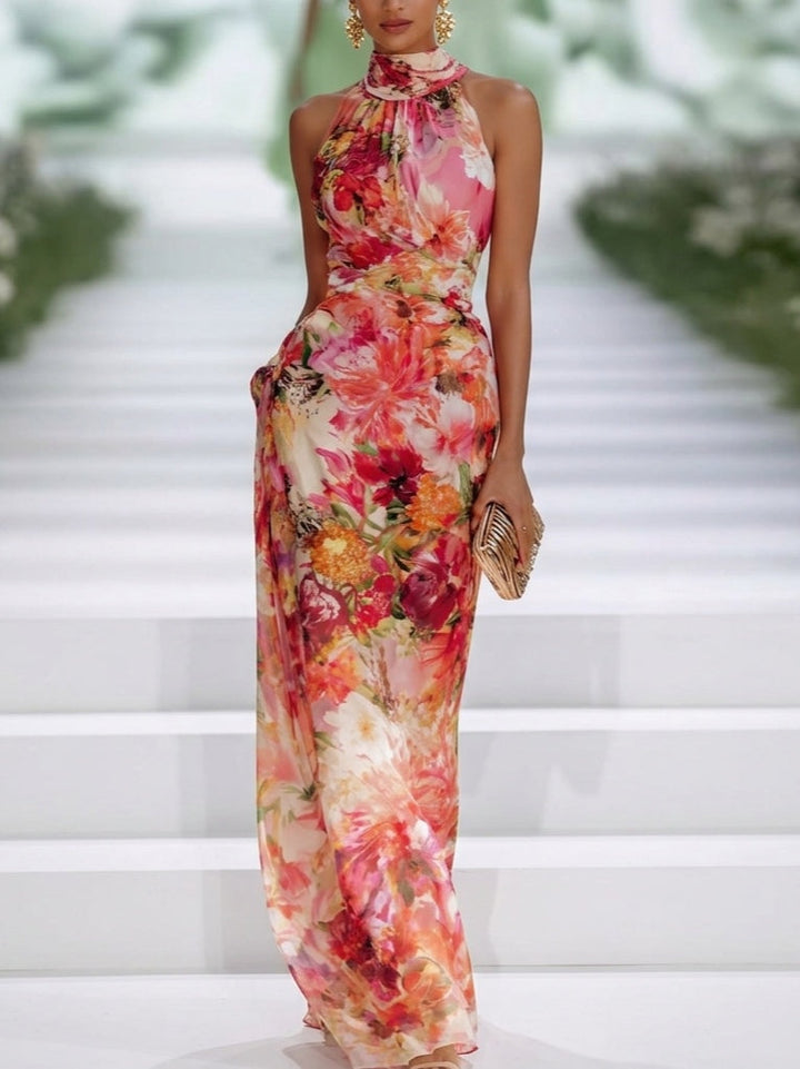 Elegant Red Floral Maxi Dress for Women with Halter Neck Sleeveless Ruched Wedding Guest Style