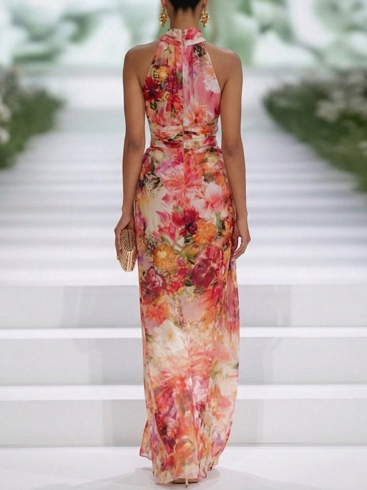 Elegant Red Floral Maxi Dress for Women with Halter Neck Sleeveless Ruched Wedding Guest Style