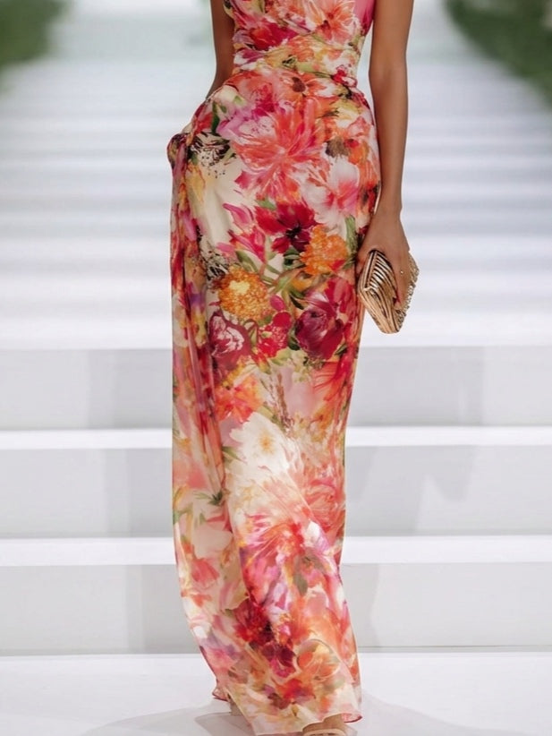 Elegant Red Floral Maxi Dress for Women with Halter Neck Sleeveless Ruched Wedding Guest Style