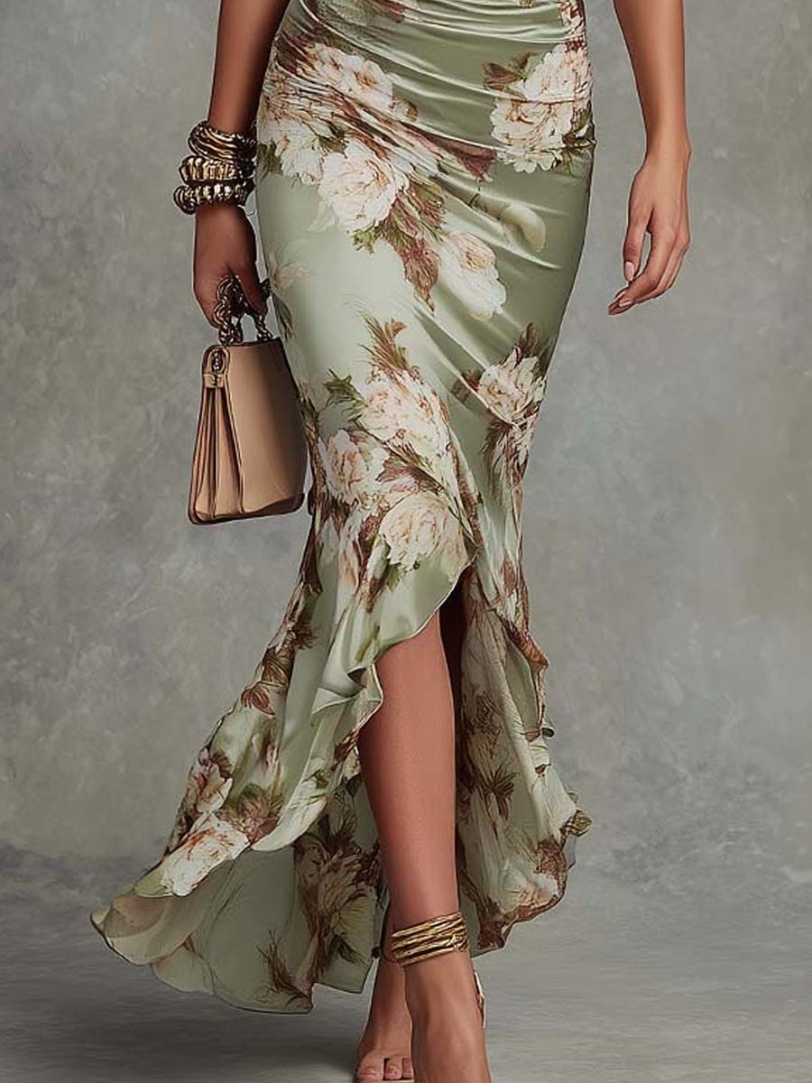 Effortless Floral Maxi Dress for Women with V Neck Flutter Sleeve Ruched High Slit Ruffle Hem
