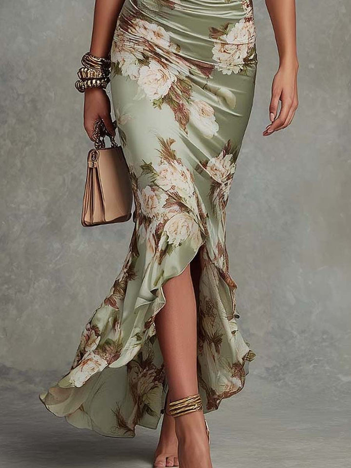 Effortless Floral Maxi Dress for Women with V Neck Flutter Sleeve Ruched High Slit Ruffle Hem