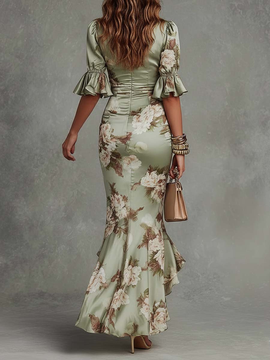 Effortless Floral Maxi Dress for Women with V Neck Flutter Sleeve Ruched High Slit Ruffle Hem