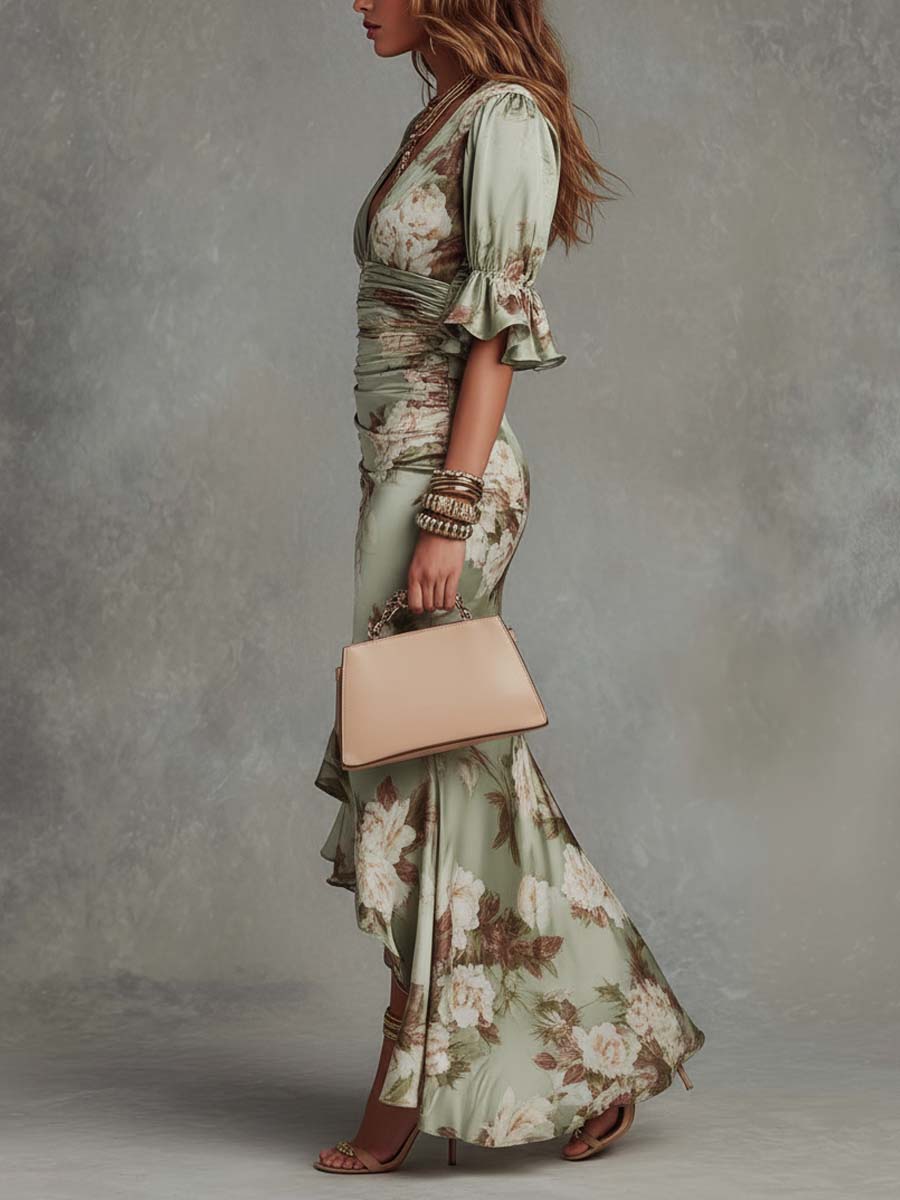 Effortless Floral Maxi Dress for Women with V Neck Flutter Sleeve Ruched High Slit Ruffle Hem