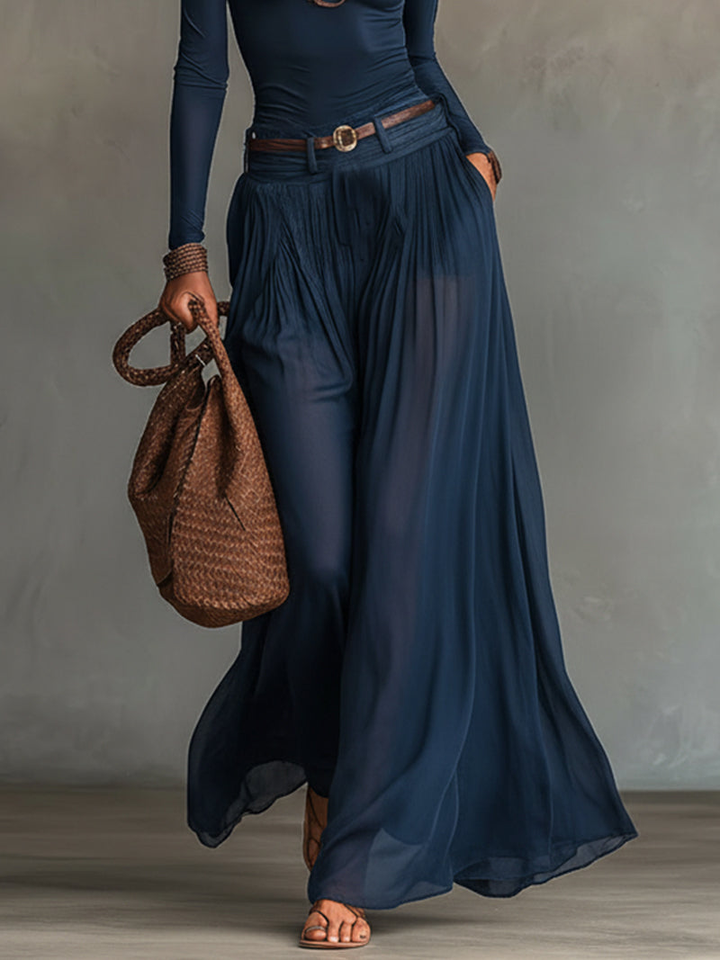 Elegant Navy Wide Leg Set for Women with One Shoulder Long Sleeve Belted Two Piece Bohemian Style