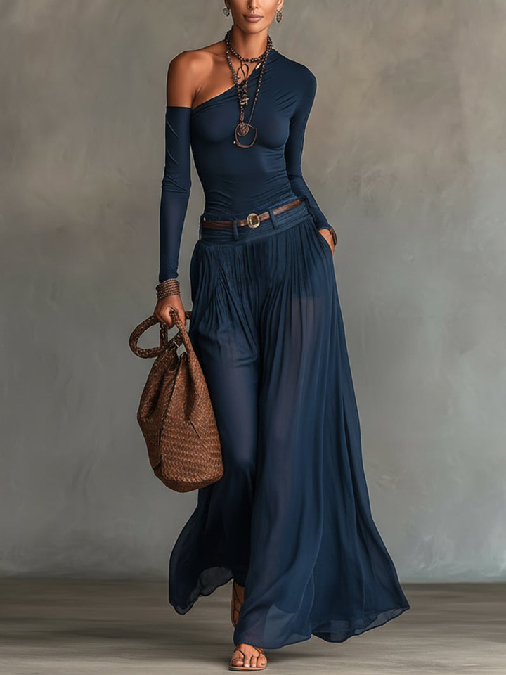 Elegant Navy Wide Leg Set for Women with One Shoulder Long Sleeve Belted Two Piece Bohemian Style