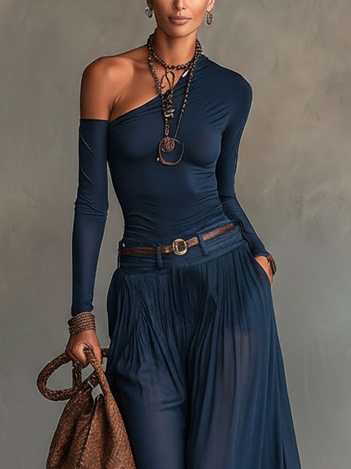 Elegant Navy Wide Leg Set for Women with One Shoulder Long Sleeve Belted Two Piece Bohemian Style