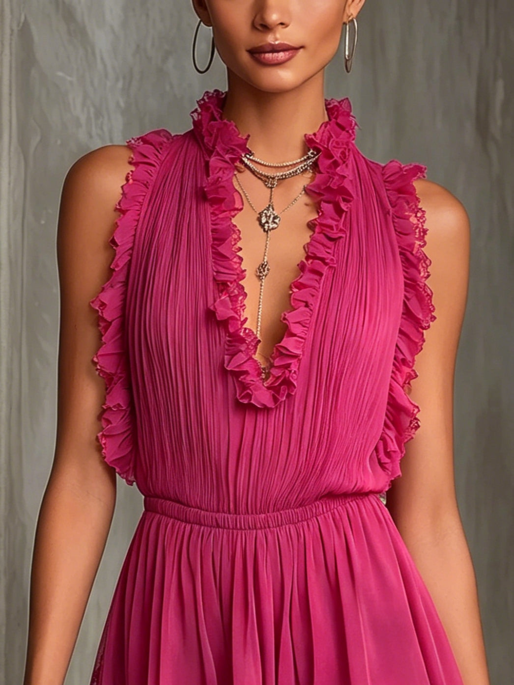 Elegant Fuchsia Pleated Romper for Women with Ruffle Trim V Neck Sleeveless Lace Hem Flowing Style