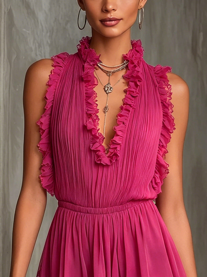 Elegant Fuchsia Pleated Romper for Women with Ruffle Trim V Neck Sleeveless Lace Hem Flowing Style