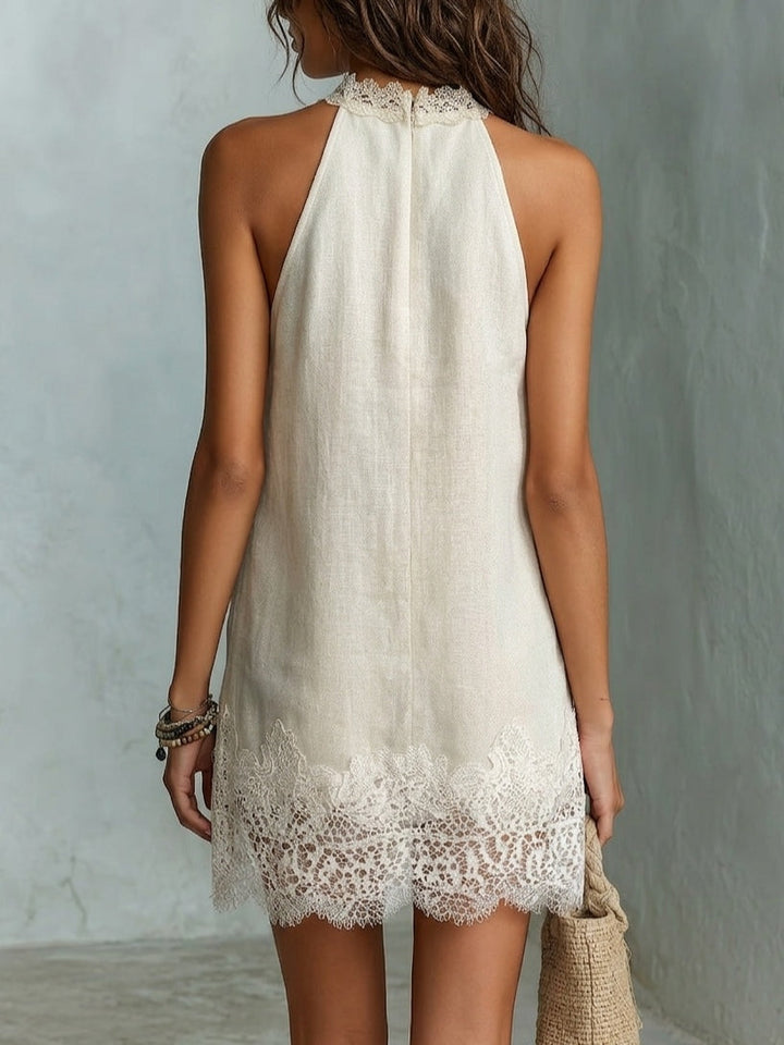 Effortless Off White Linen Mini Dress for Women with Halter Neck Lace Trim Flowing Boho Style