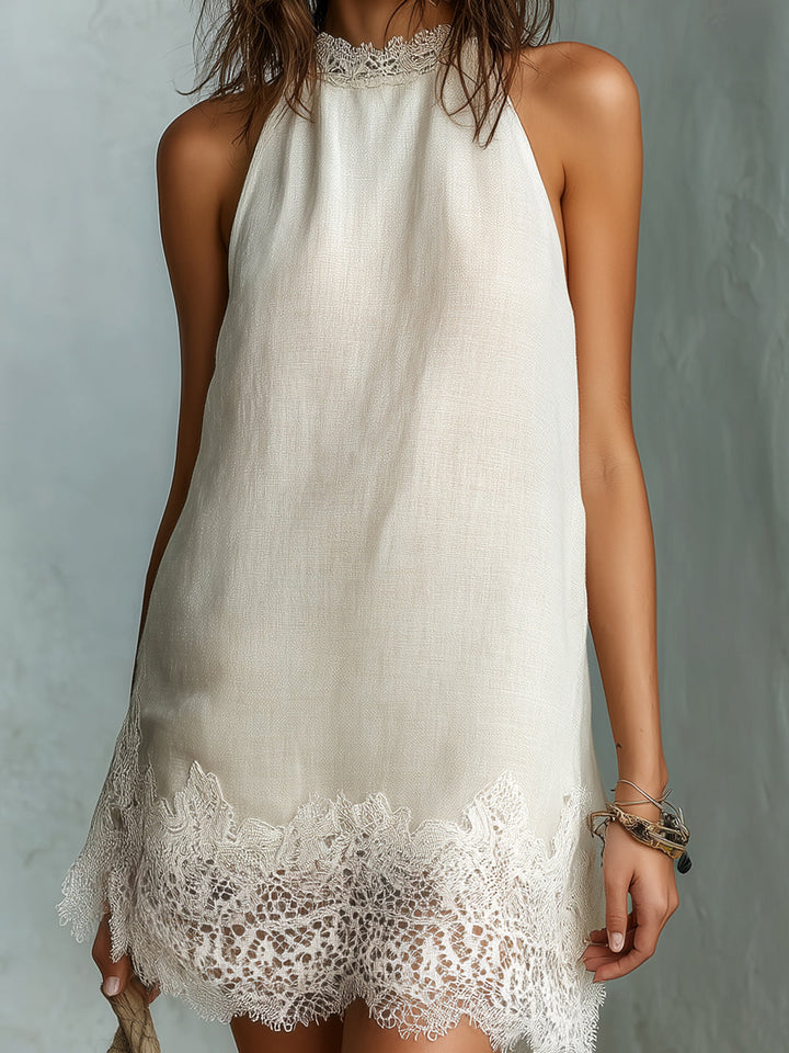 Effortless Off White Linen Mini Dress for Women with Halter Neck Lace Trim Flowing Boho Style