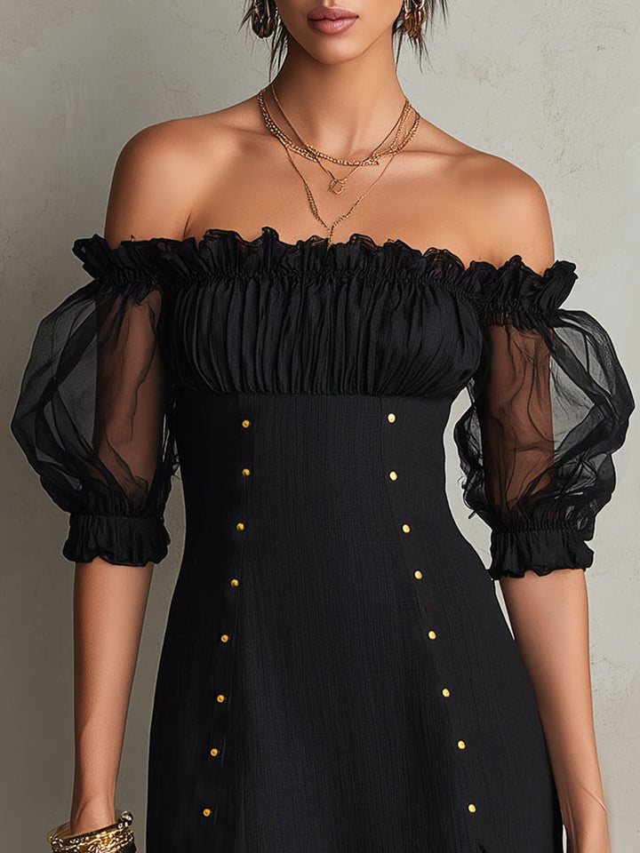 Elegant Black Mini Dress for Women with Off Shoulder Puff Sleeve Ruched Bodycon Cocktail Style