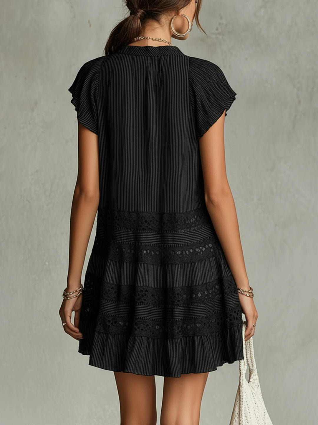 Elegant Black Striped Mini Dress for Women with V Neck Flutter Sleeve Lace Trim Tiered Boho Style