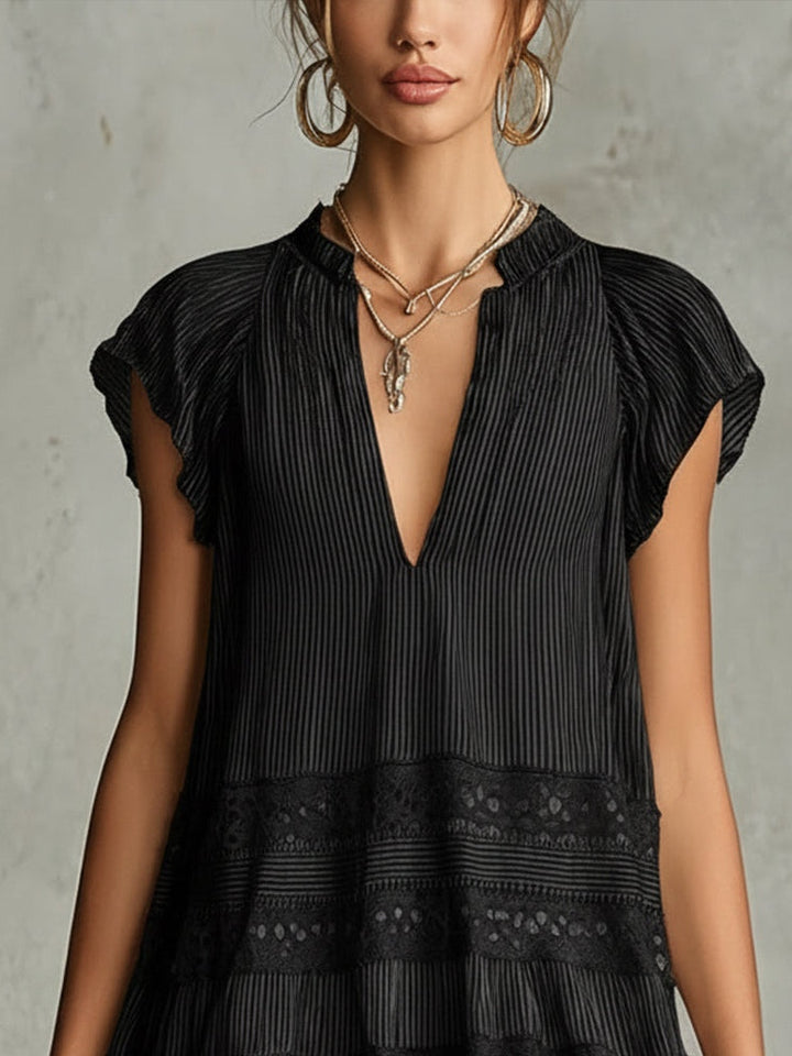 Elegant Black Striped Mini Dress for Women with V Neck Flutter Sleeve Lace Trim Tiered Boho Style