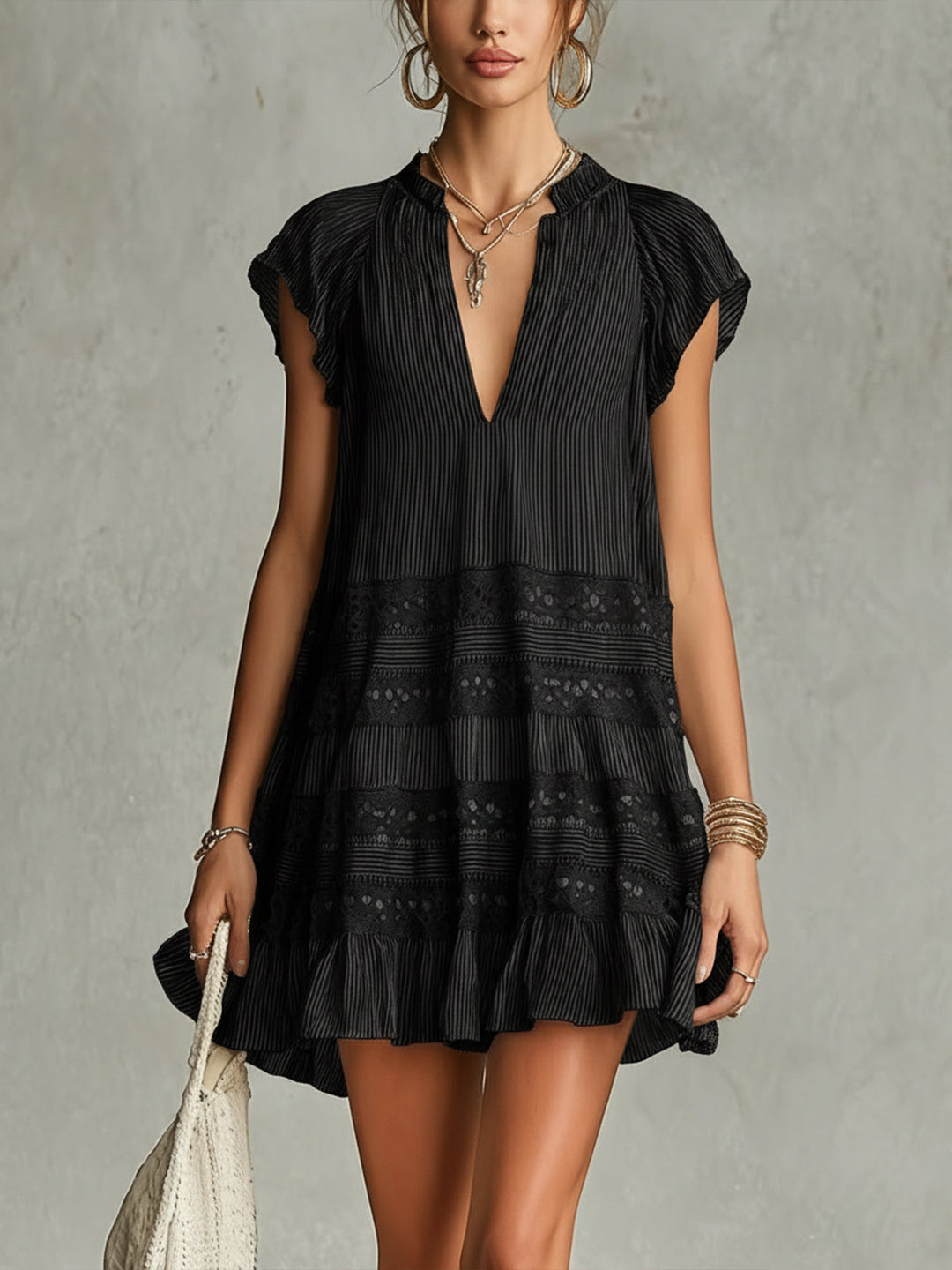 Elegant Black Striped Mini Dress for Women with V Neck Flutter Sleeve Lace Trim Tiered Boho Style