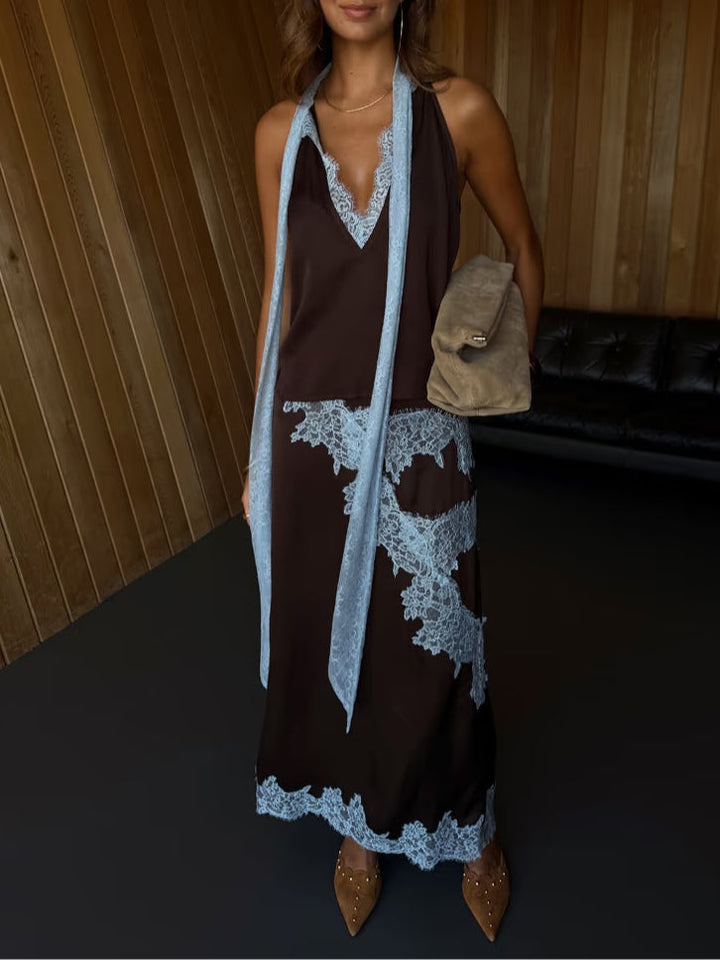 Elegant Brown Satin Two Piece Set for Women with Halter Neck Lace Trim Maxi Skirt Formal Wedding Guest Style