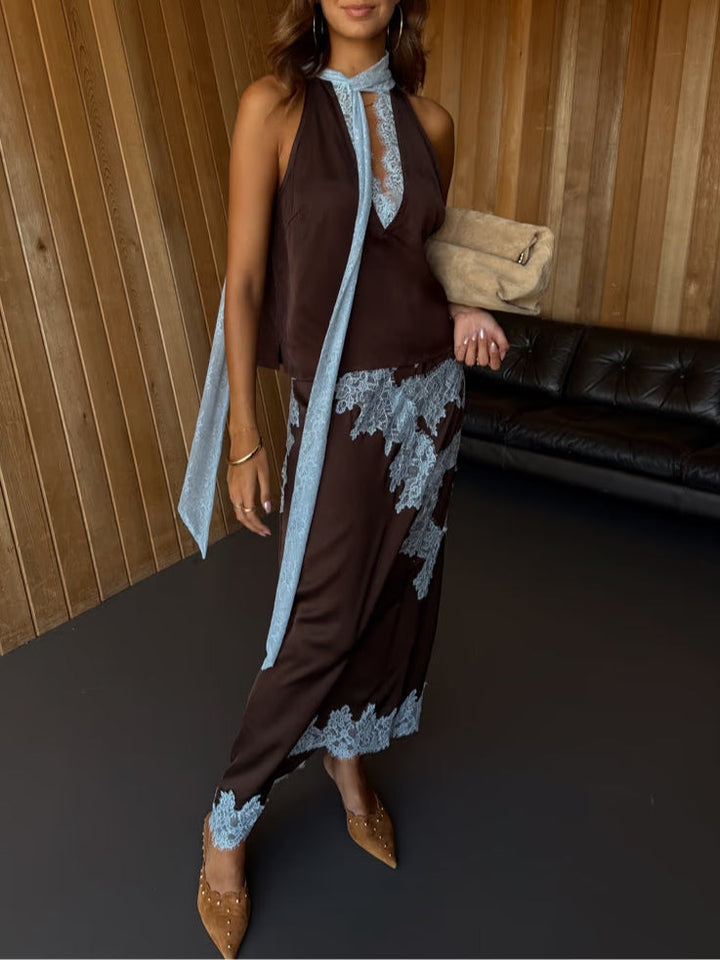 Elegant Brown Satin Two Piece Set for Women with Halter Neck Lace Trim Maxi Skirt Formal Wedding Guest Style