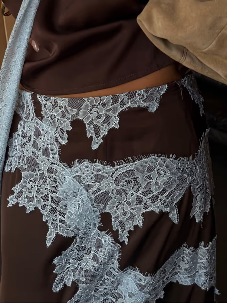 Elegant Brown Satin Two Piece Set for Women with Halter Neck Lace Trim Maxi Skirt Formal Wedding Guest Style
