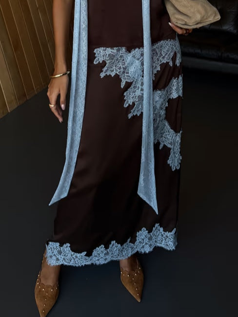 Elegant Brown Satin Two Piece Set for Women with Halter Neck Lace Trim Maxi Skirt Formal Wedding Guest Style