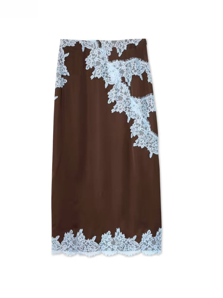 Elegant Brown Satin Two Piece Set for Women with Halter Neck Lace Trim Maxi Skirt Formal Wedding Guest Style