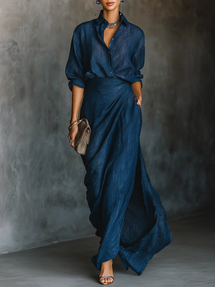 Elegant Dark Blue Textured Two Piece Set for Women with Collar Long Sleeve Wrap Maxi Skirt High Slit Style