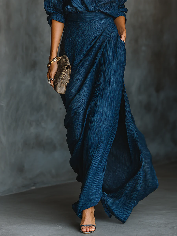 Elegant Dark Blue Textured Two Piece Set for Women with Collar Long Sleeve Wrap Maxi Skirt High Slit Style