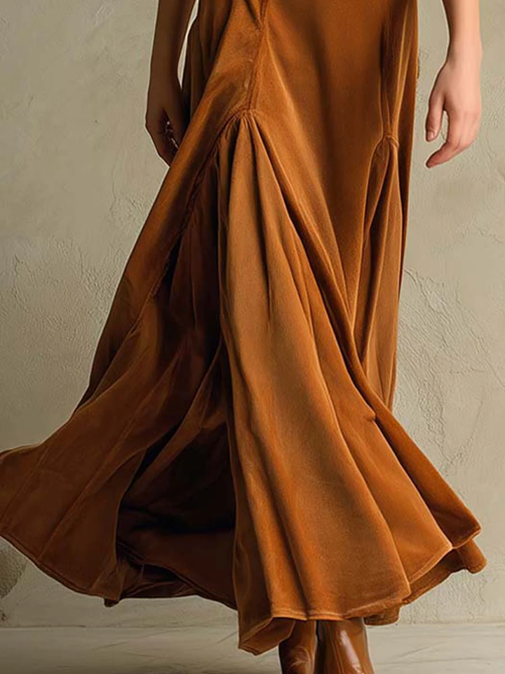 Elegant Velvet Maxi Dress for Women with Notch Collar Three Quarter Sleeve Button Front Flowing Vintage Style
