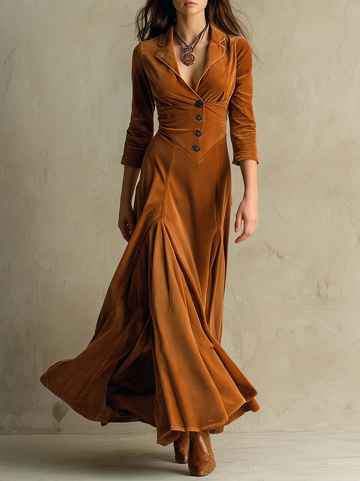 Elegant Velvet Maxi Dress for Women with Notch Collar Three Quarter Sleeve Button Front Flowing Vintage Style