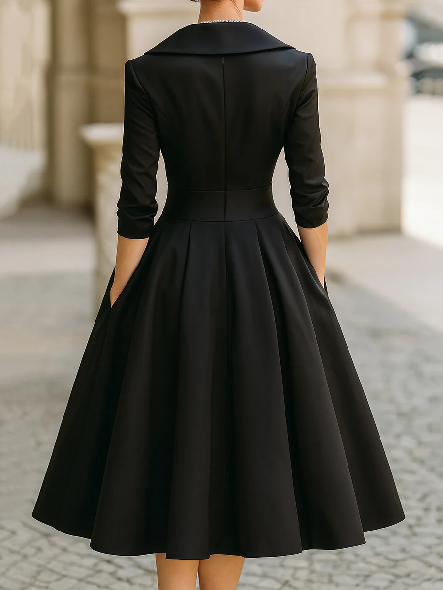 Elegant Satin Midi Dress for Women with Wrap V Neck Elbow Sleeve Pleated A Line Cocktail Style