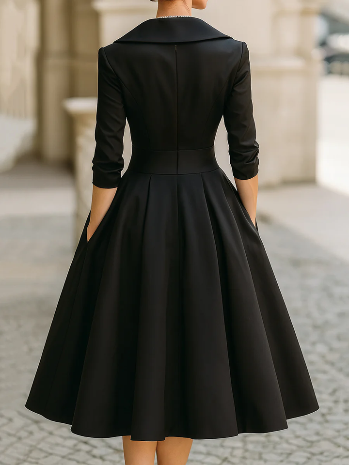 Elegant Satin Midi Dress for Women with Wrap V Neck Elbow Sleeve Pleated A Line Cocktail Style