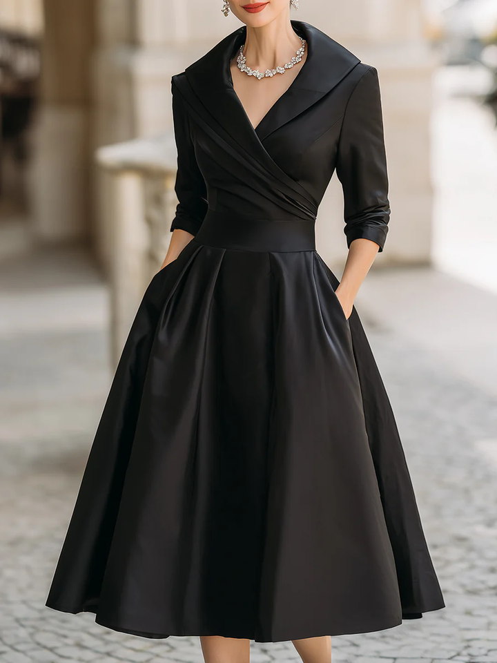 Elegant Satin Midi Dress for Women with Wrap V Neck Elbow Sleeve Pleated A Line Cocktail Style