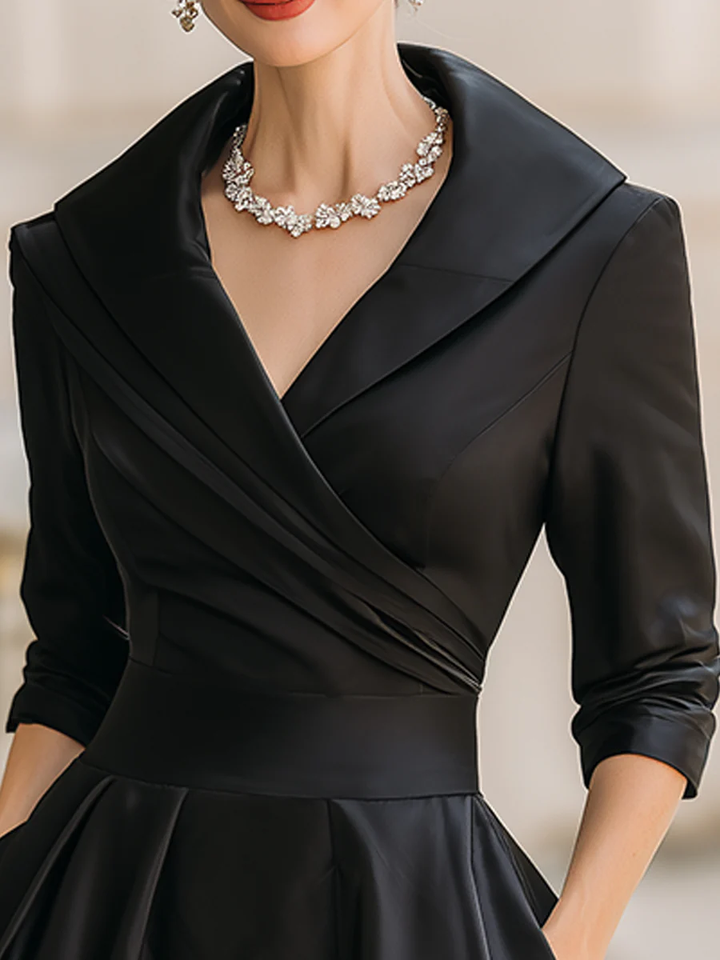 Elegant Satin Midi Dress for Women with Wrap V Neck Elbow Sleeve Pleated A Line Cocktail Style