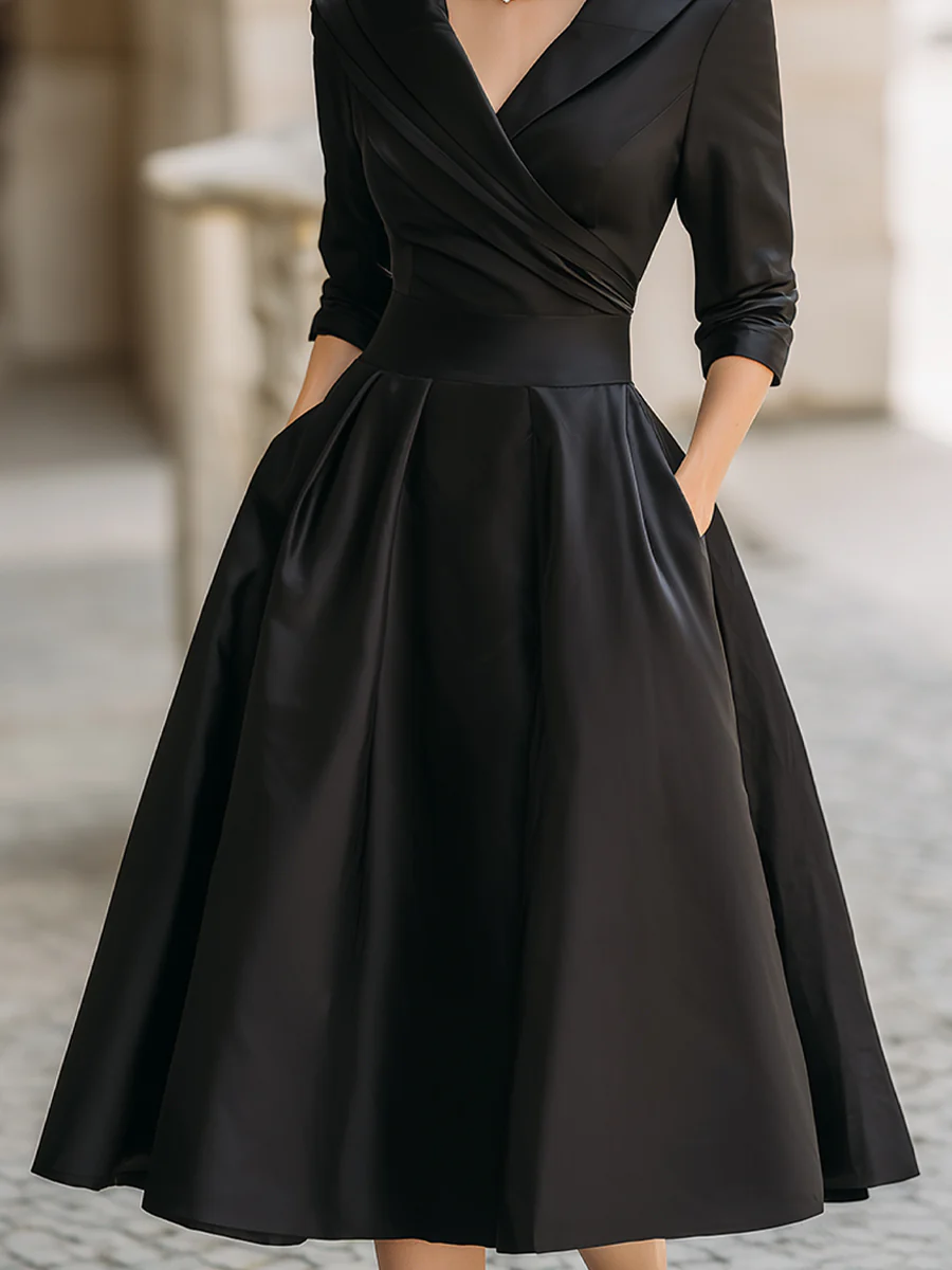 Elegant Satin Midi Dress for Women with Wrap V Neck Elbow Sleeve Pleated A Line Cocktail Style