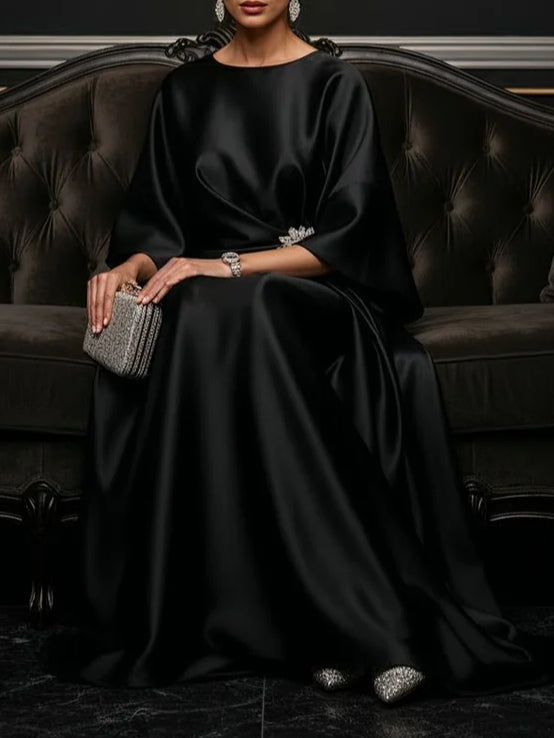 Elegant Satin Maxi Dress for Women with Boat Neck Bell Sleeve Draped Waist Formal Evening Style