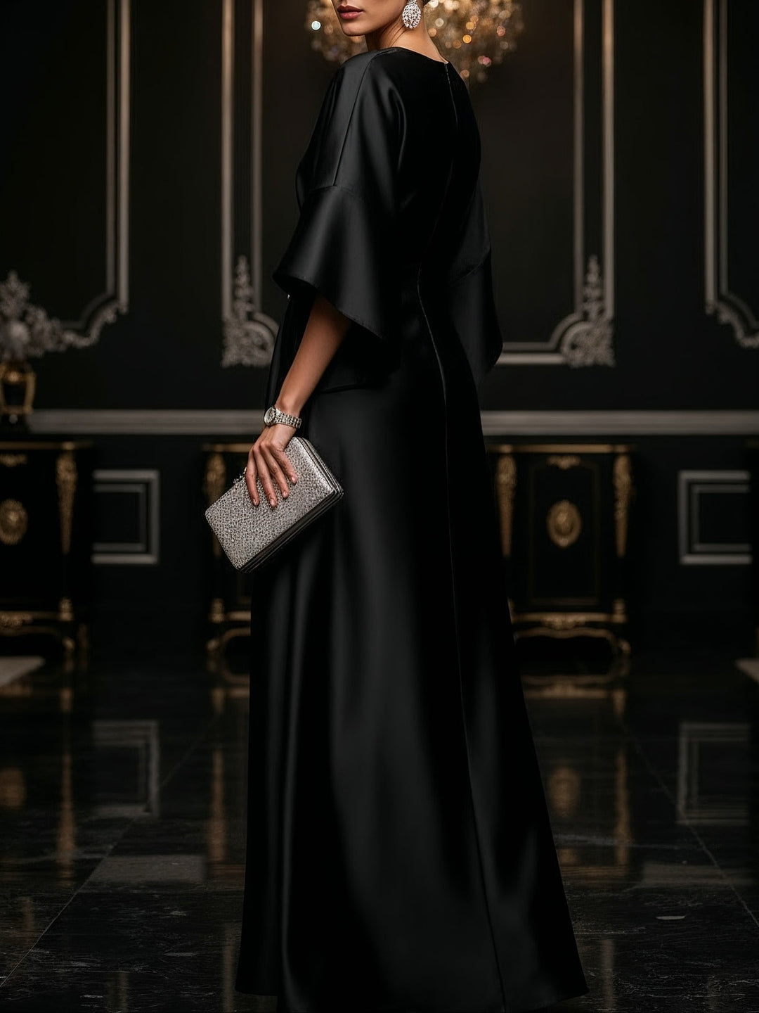 Elegant Satin Maxi Dress for Women with Boat Neck Bell Sleeve Draped Waist Formal Evening Style