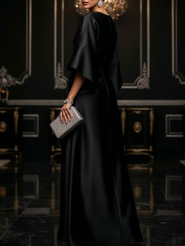 Elegant Satin Maxi Dress for Women with Boat Neck Bell Sleeve Draped Waist Formal Evening Style