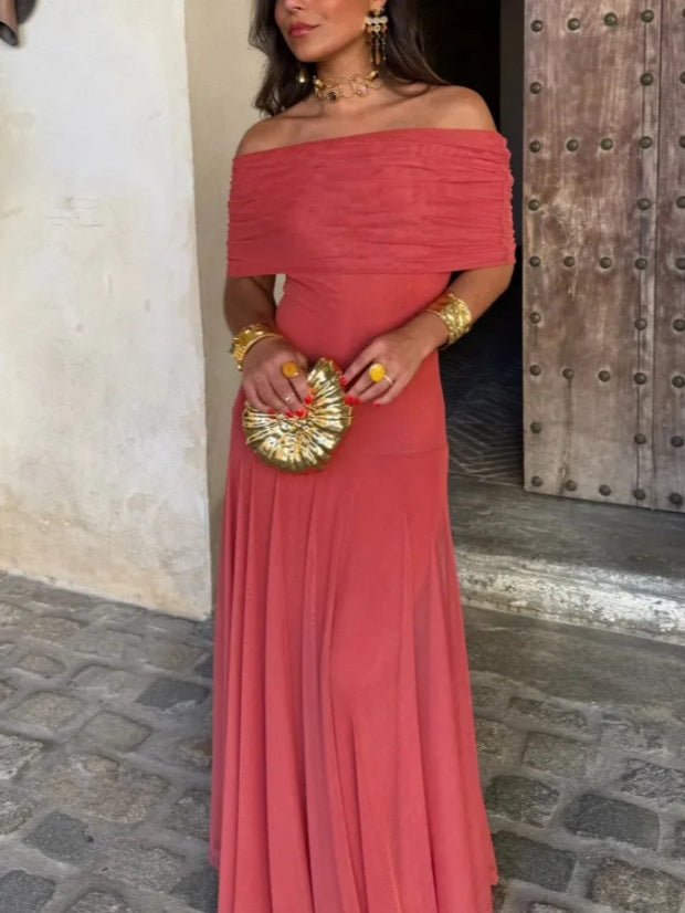 Elegant Mesh Maxi Dress for Women with Off Shoulder Ruched Sleeve Sheer Flowing Style