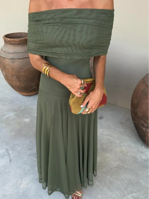 Elegant Mesh Maxi Dress for Women with Off Shoulder Ruched Sleeve Sheer Flowing Style