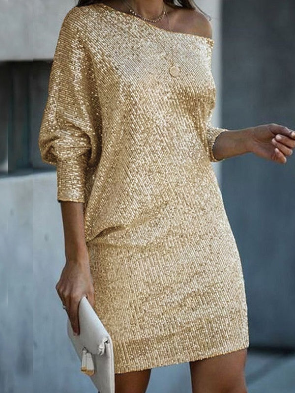 Elegant Sequin Mini Dress for Women with One Shoulder Long Sleeve Bodycon Sparkle Formal Party Style