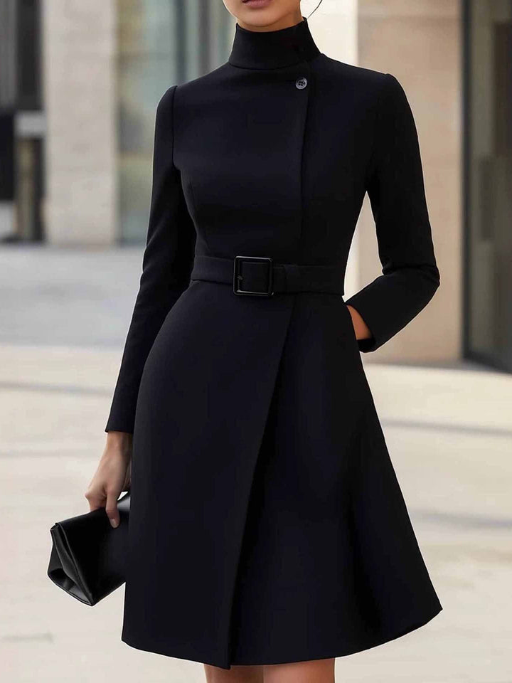 Elegant Wrap Dress for Women with Stand Collar Long Sleeve Belted A Line Style