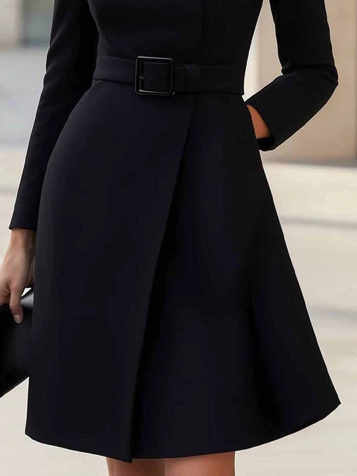 Elegant Wrap Dress for Women with Stand Collar Long Sleeve Belted A Line Style