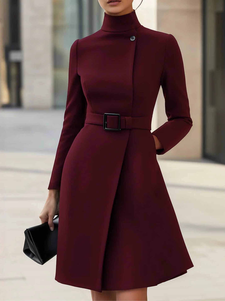 Elegant Wrap Dress for Women with Stand Collar Long Sleeve Belted A Line Style