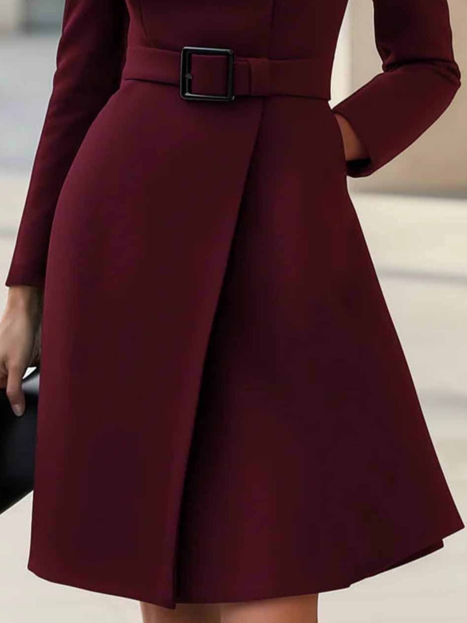 Elegant Wrap Dress for Women with Stand Collar Long Sleeve Belted A Line Style
