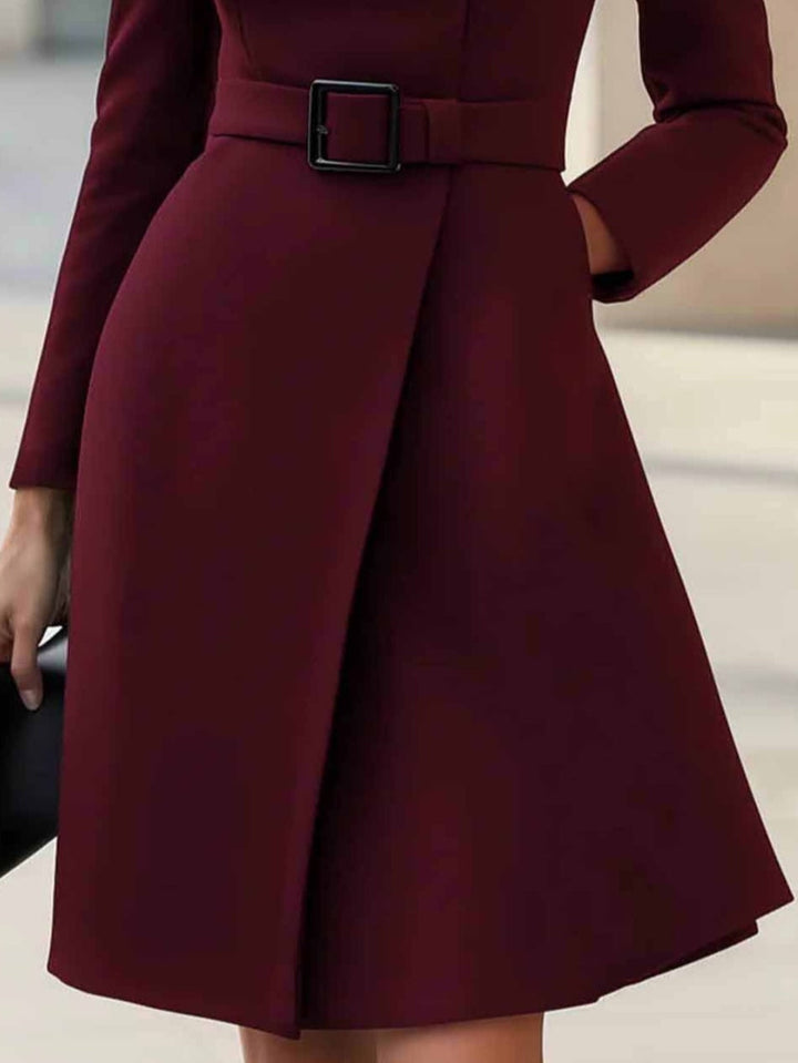 Elegant Wrap Dress for Women with Stand Collar Long Sleeve Belted A Line Style