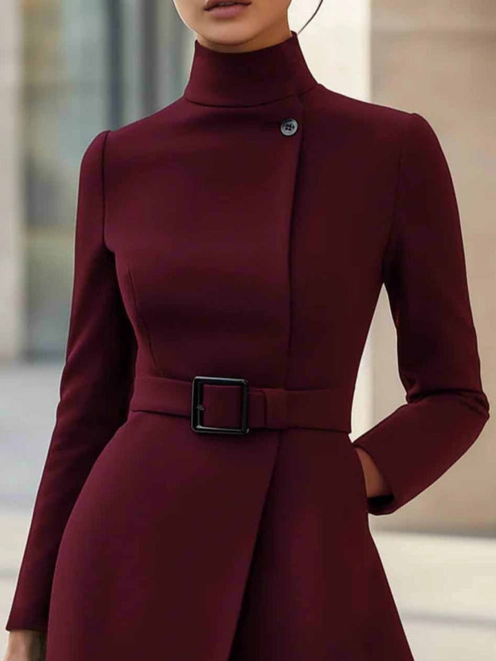 Elegant Wrap Dress for Women with Stand Collar Long Sleeve Belted A Line Style