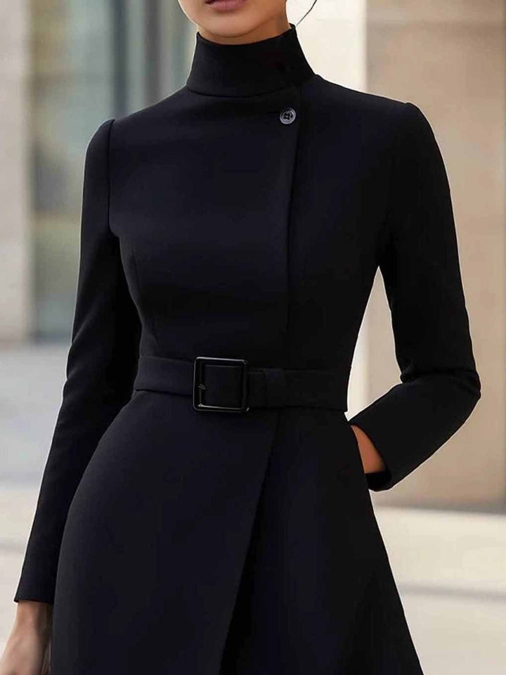 Elegant Wrap Dress for Women with Stand Collar Long Sleeve Belted A Line Style