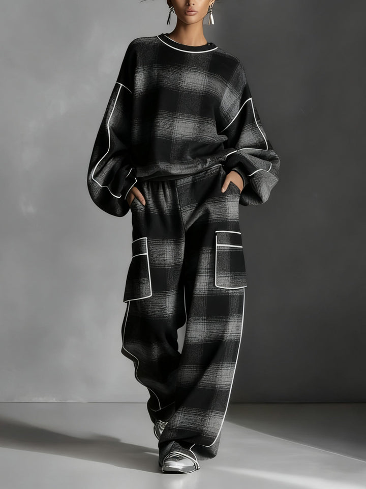 Effortless Black Gray Plaid Two Piece Set for Women with Crew Neck Balloon Sleeve Cargo Pocket Relaxed Style
