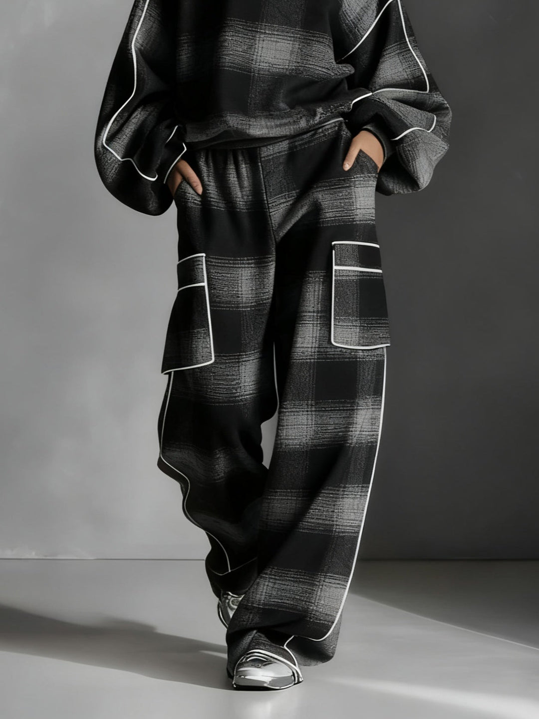 Effortless Black Gray Plaid Two Piece Set for Women with Crew Neck Balloon Sleeve Cargo Pocket Relaxed Style
