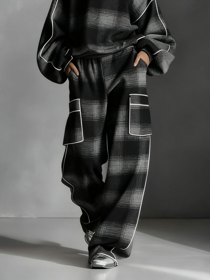 Effortless Black Gray Plaid Two Piece Set for Women with Crew Neck Balloon Sleeve Cargo Pocket Relaxed Style